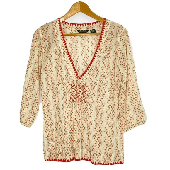 Eddie Bauer Women's size Small Blouse 3/4 Sleeve Deep V Neck Empire Waist Cotton - Picture 1 of 7
